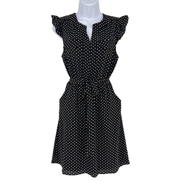 Monteau Polka Dot Sleeveless A-Line Ruffle Trim Dress Black White Size Small - Picture 1 of 9